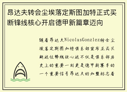 昂达夫转会尘埃落定斯图加特正式买断锋线核心开启德甲新篇章迈向